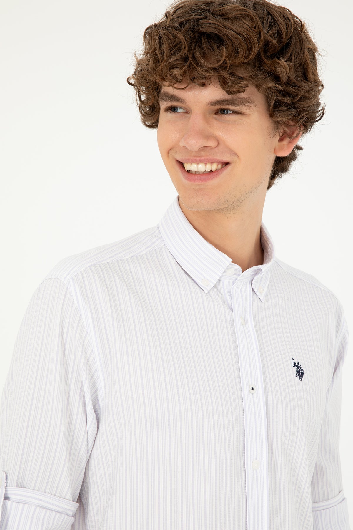 Cămașă Bărbați Alb Cu Dungi Lila Și Logo Discret