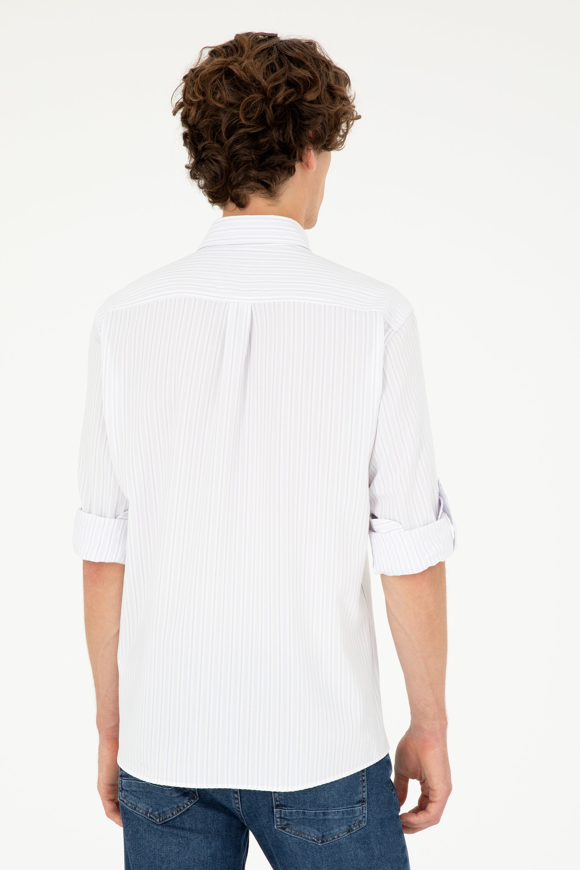 Cămașă Bărbați Alb Cu Dungi Lila Și Logo Discret