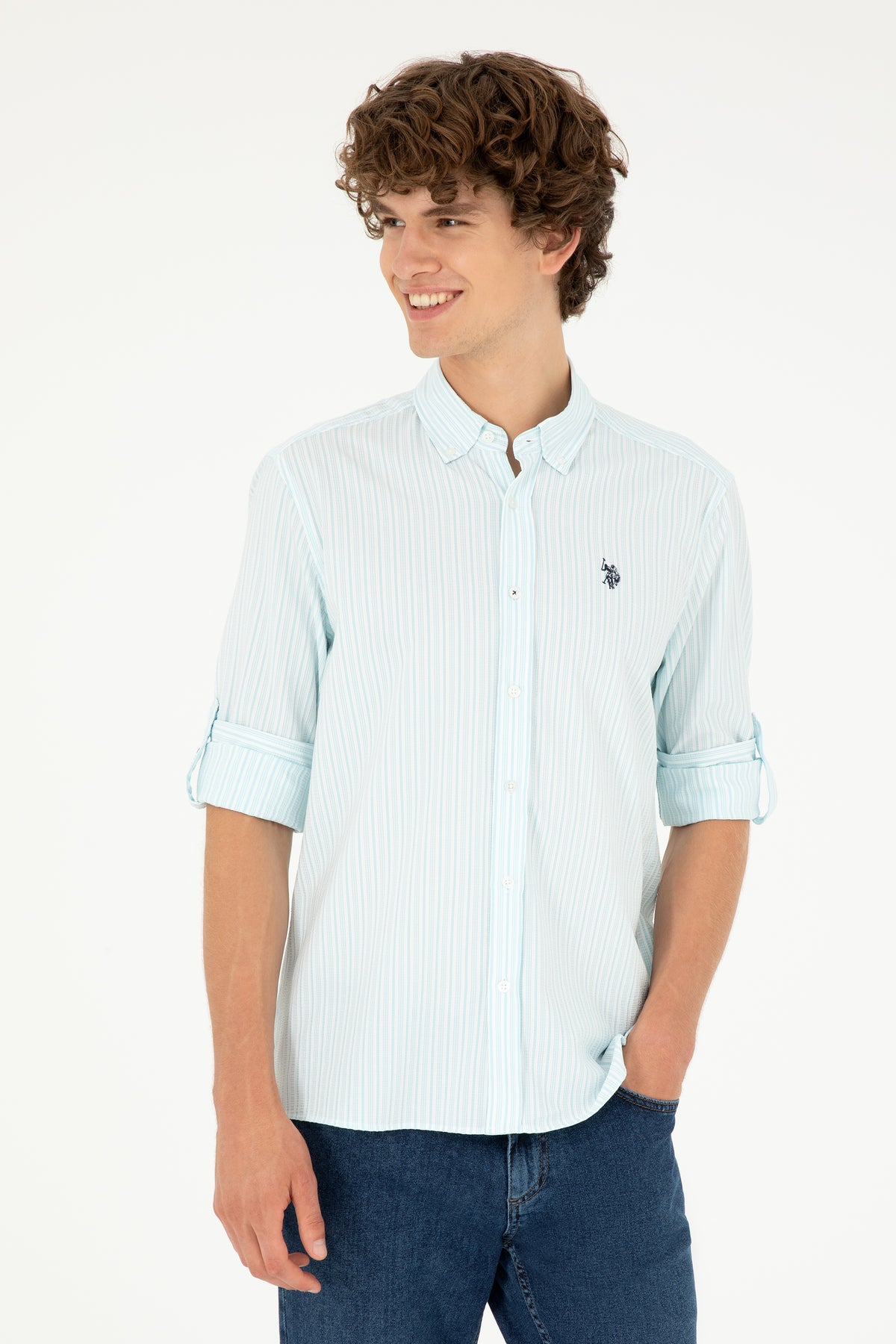 Cămașă Bărbați Alb Cu Dungi Verde Mentă Deschis Și Logo Discret