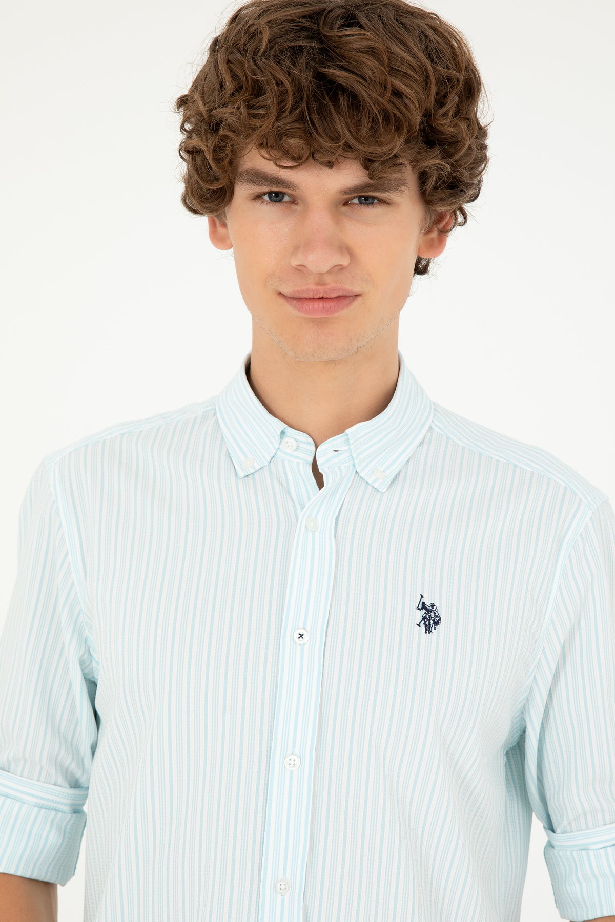 Cămașă Bărbați Alb Cu Dungi Verde Mentă Deschis Și Logo Discret