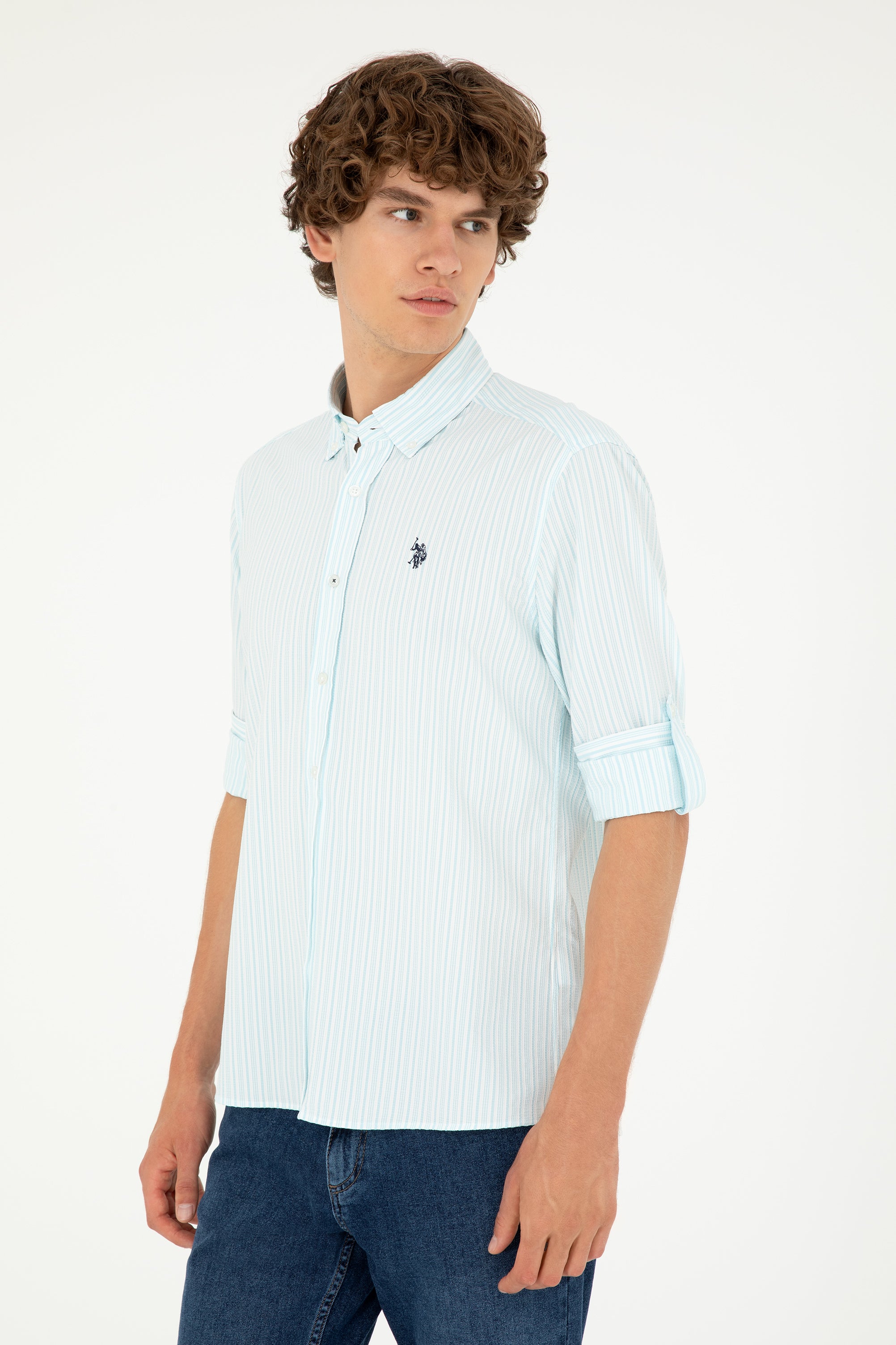 Cămașă Bărbați Alb Cu Dungi Verde Mentă Deschis Și Logo Discret