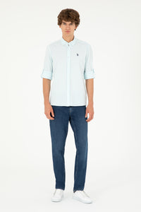 Cămașă Bărbați Alb Cu Dungi Verde Mentă Deschis Și Logo Discret