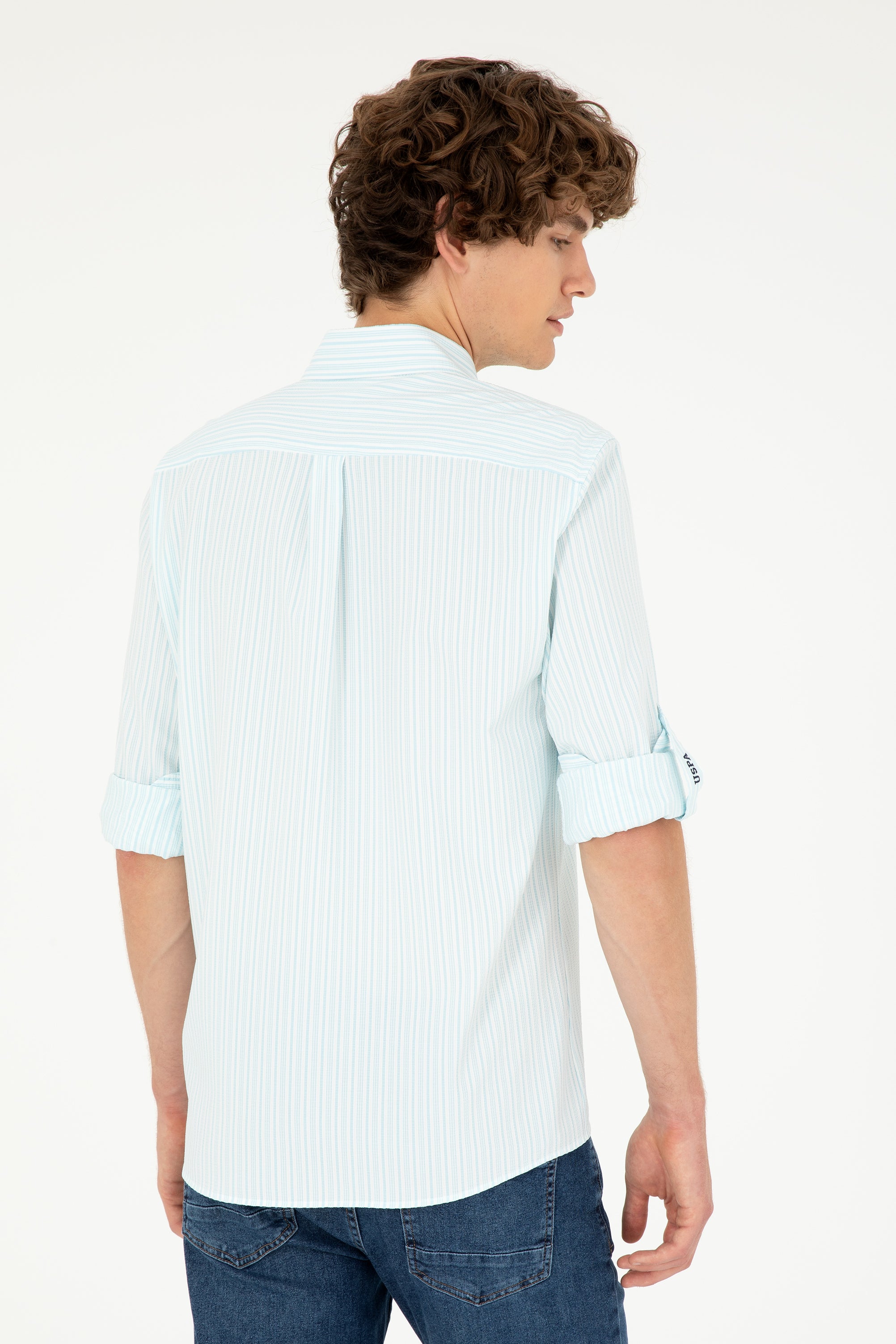 Cămașă Bărbați Alb Cu Dungi Verde Mentă Deschis Și Logo Discret