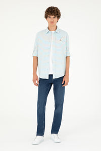 Cămașă Bărbați Albastru Deschis Cu Dungi Bej Și Logo Aplicat