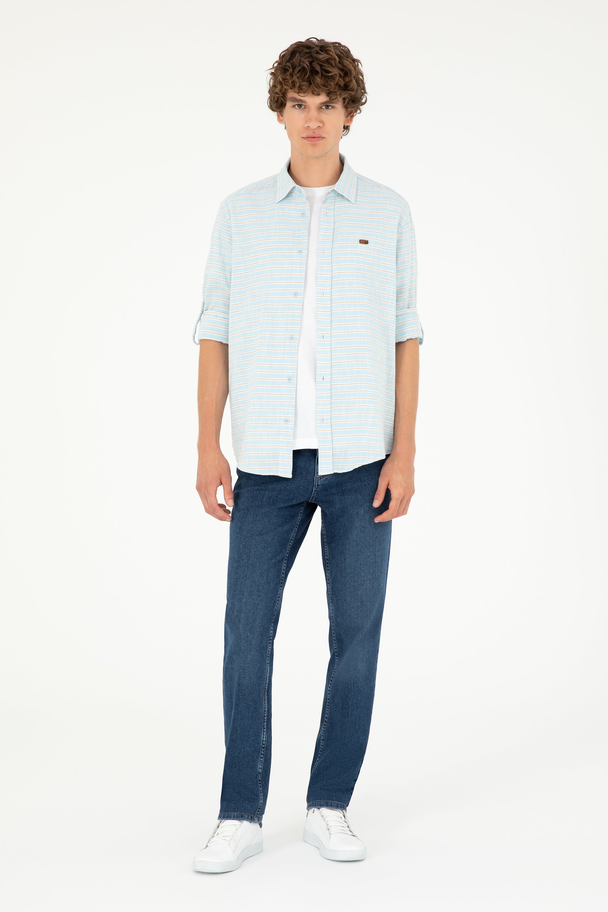 Cămașă Bărbați Albastru Deschis Cu Dungi Bej Și Logo Aplicat