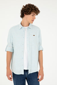 Cămașă Bărbați Albastru Deschis Cu Dungi Bej Și Logo Aplicat