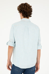 Cămașă Bărbați Albastru Deschis Cu Dungi Bej Și Logo Aplicat