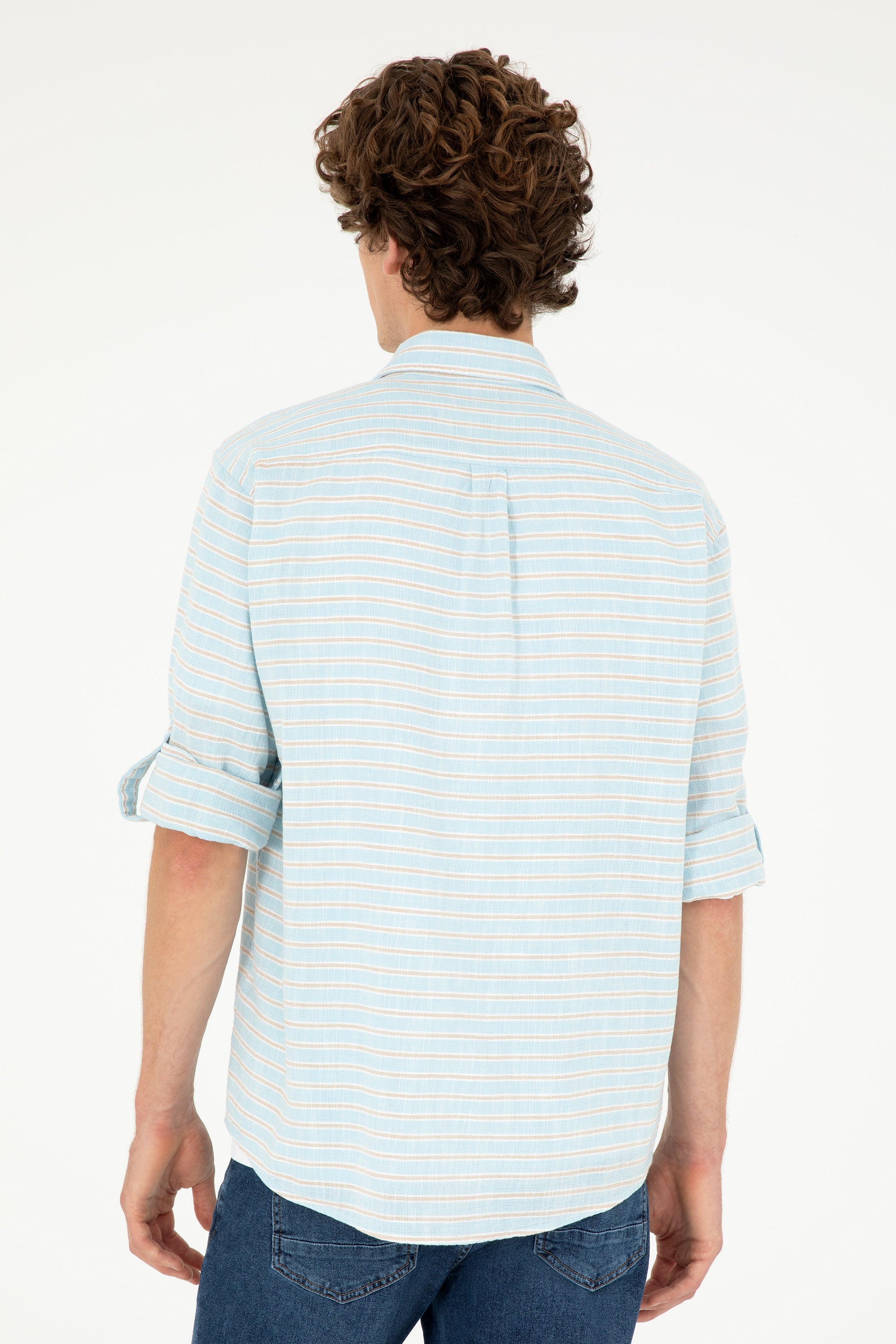 Cămașă Bărbați Albastru Deschis Cu Dungi Bej Și Logo Aplicat