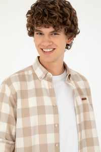 Cămașă Bărbați Alb/ Bej Cu Model În Carouri Și Logo Discret