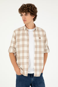 Cămașă Bărbați Alb/ Bej Cu Model În Carouri Și Logo Discret