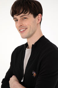 Pulover Barbat Negru Cu Logo Brodat Si Fermoar