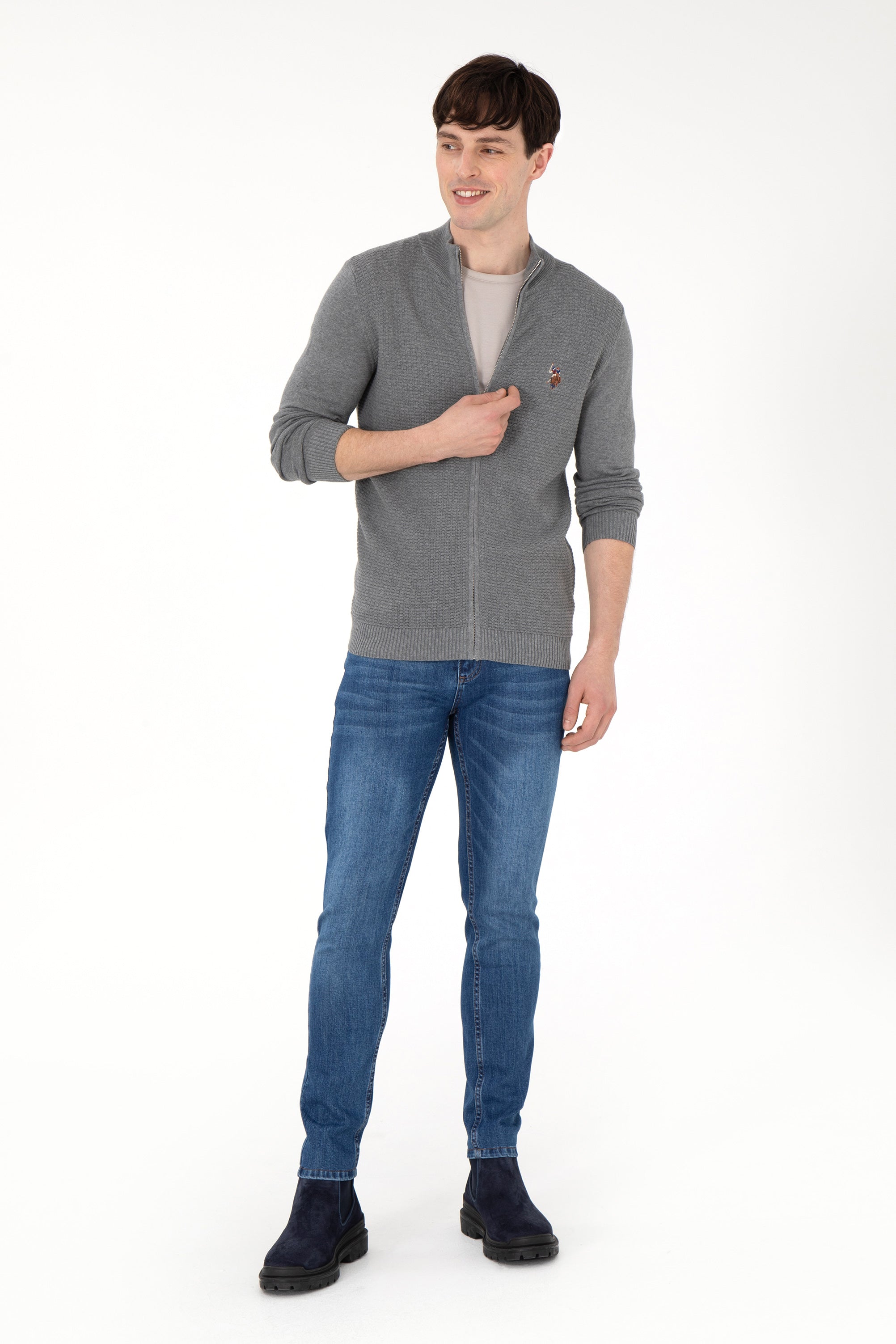 Pulover Gri Barbat Tip Cardigan cu Fermoar U.S. Polo Assn. Romania