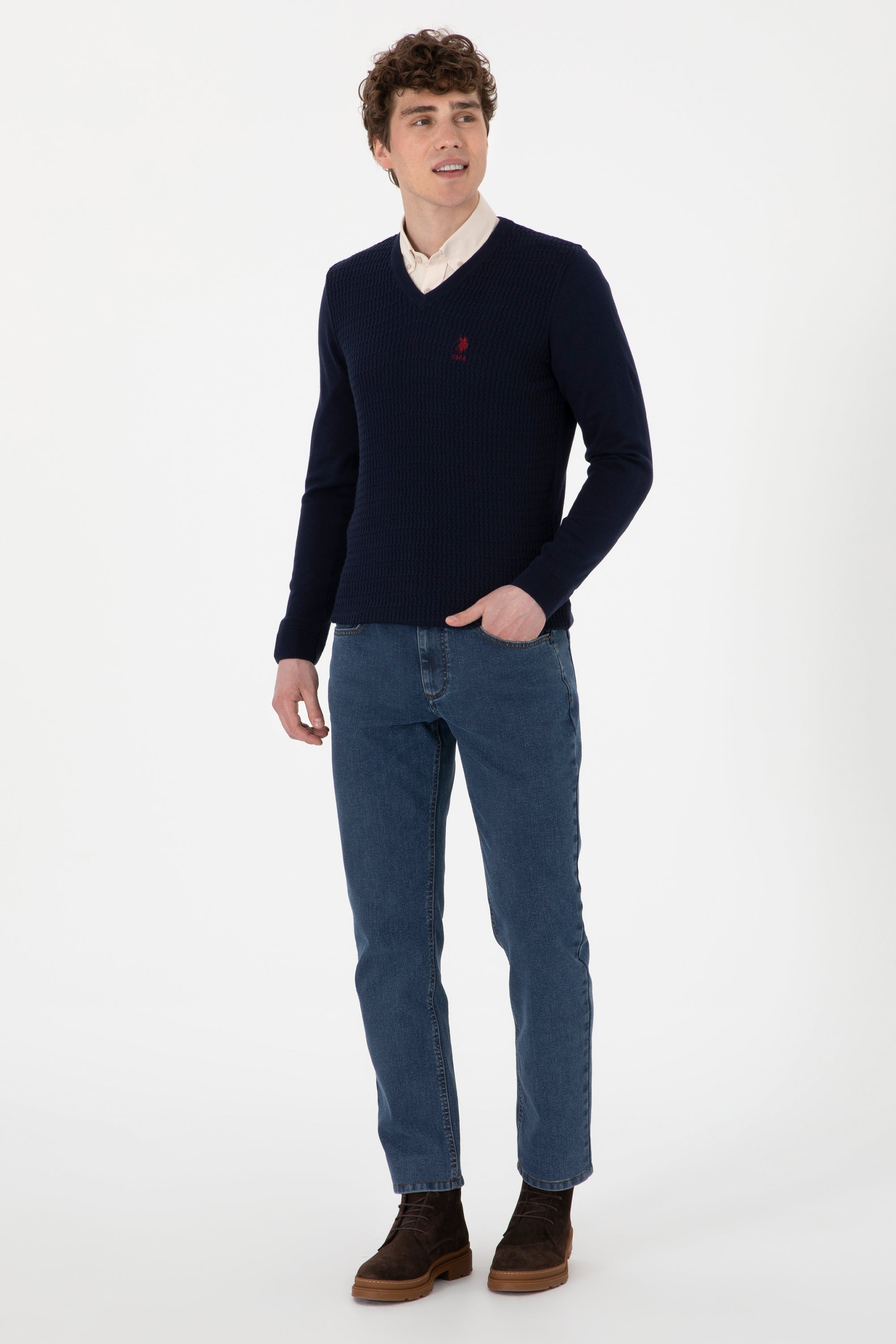 Pulover Barbat Bleumarin Cu Guler in V  Si Textura Cable