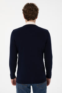 Pulover Barbat Bleumarin Cu Guler in V  Si Textura Cable