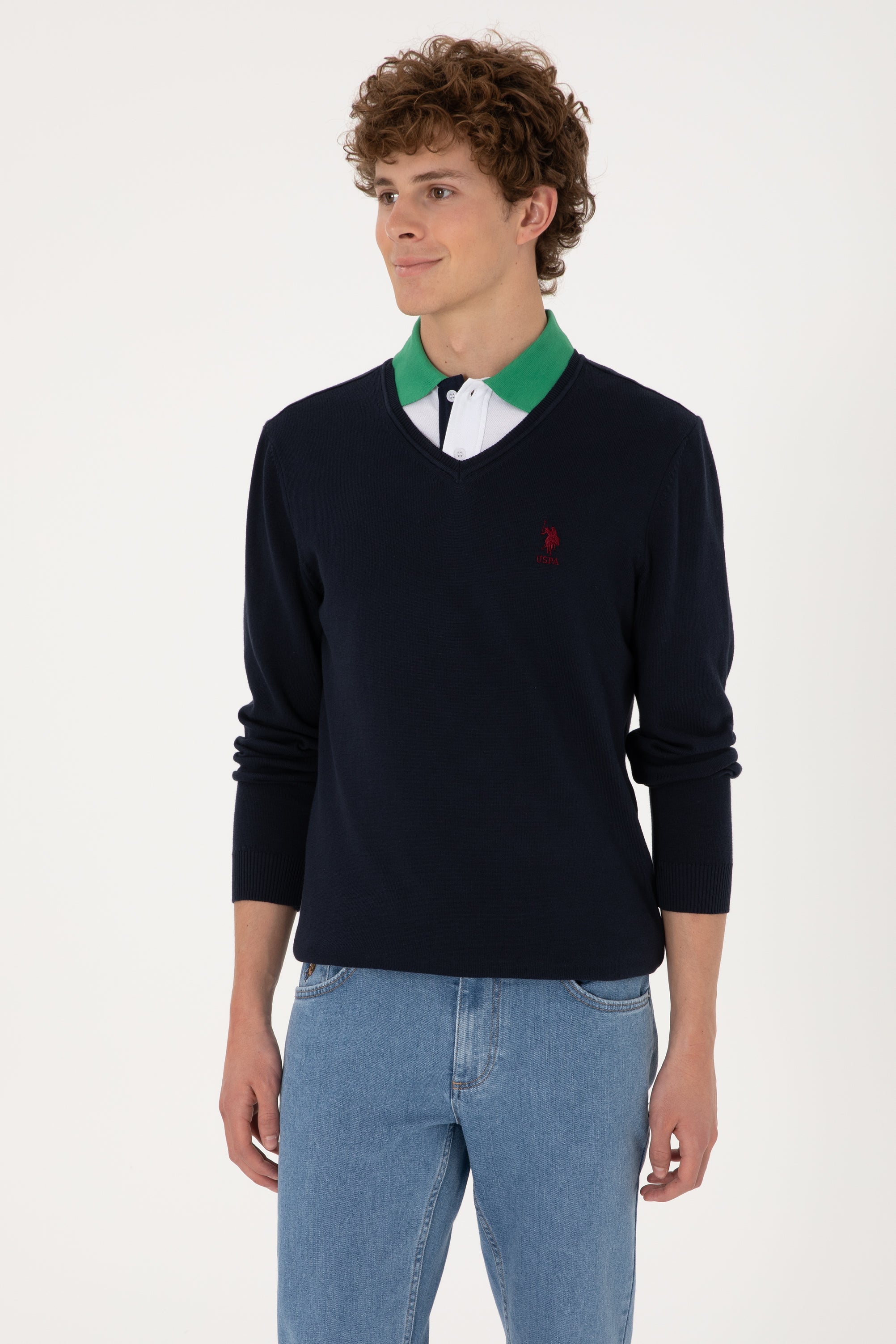 Pulover Barbat Bleumarin Cu Guler In V Si Logo Brodat