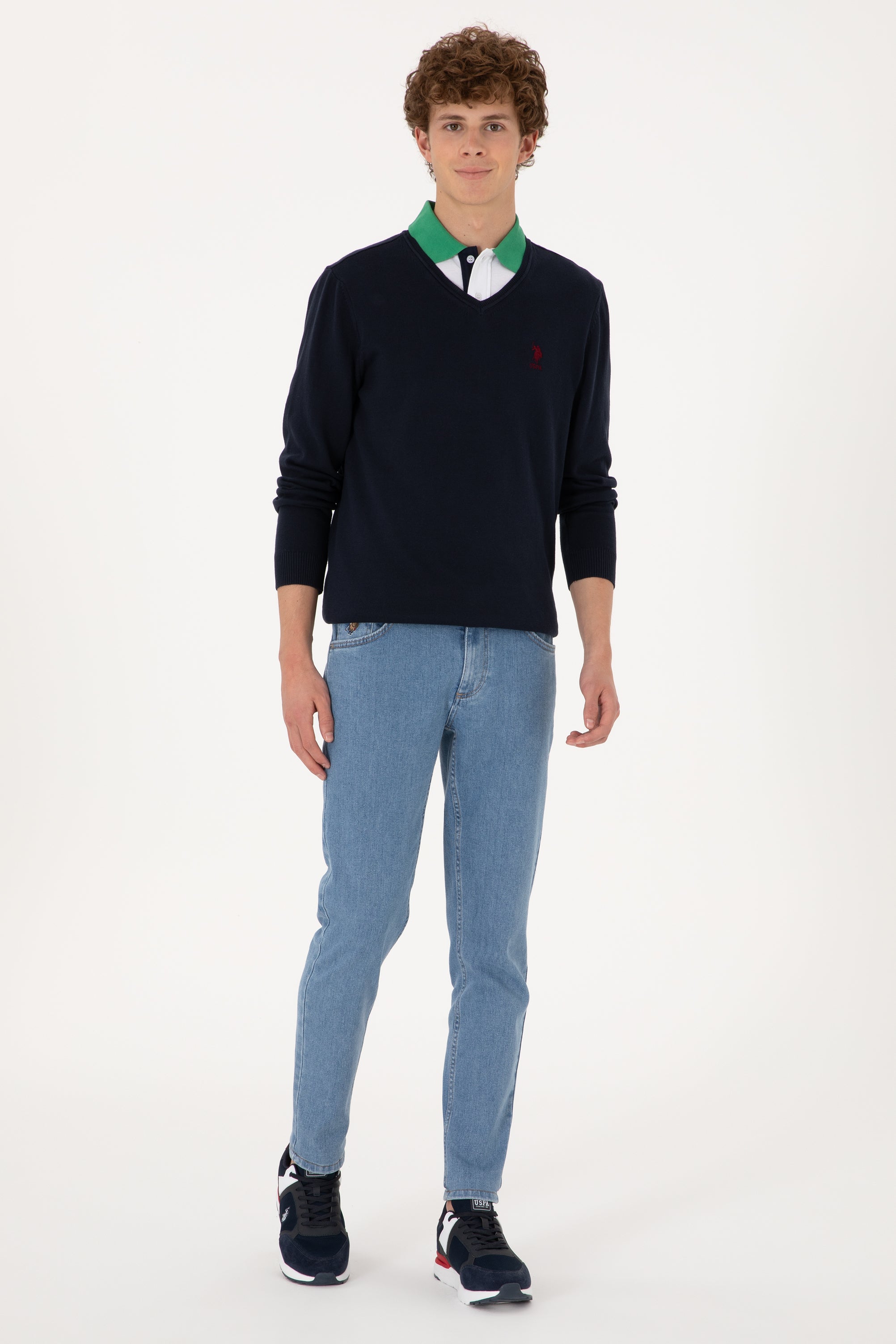 Pulover Barbat Bleumarin Cu Guler In V Si Logo Brodat