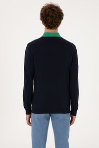 Pulover Barbat Bleumarin Cu Guler In V Si Logo Brodat