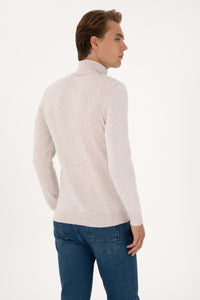 Pulover Barbat Bej Cu Guler Inalt si Logo Brodat