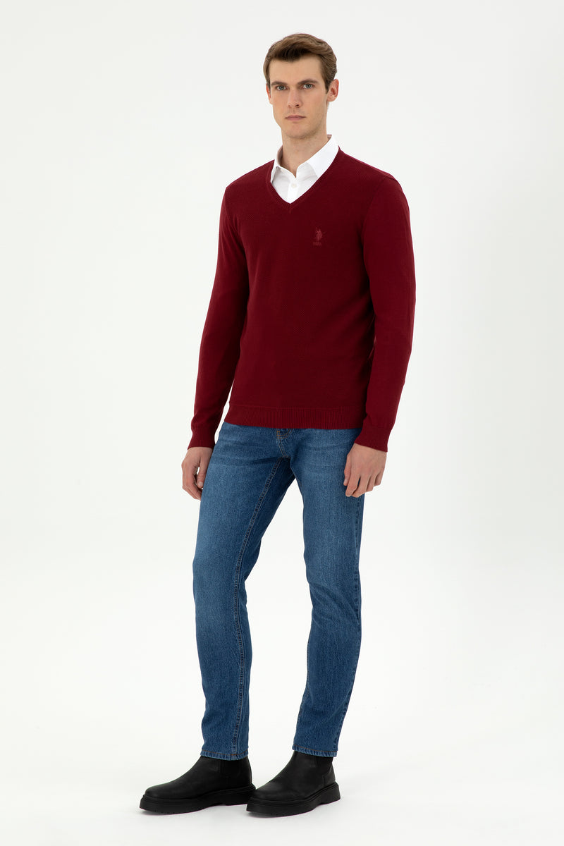 Pulover Bordo Barbat Cu Textura Si Guler In V