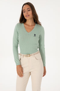 Pulover Dama Pe Verde Cu Guler In V Si Textura Cable