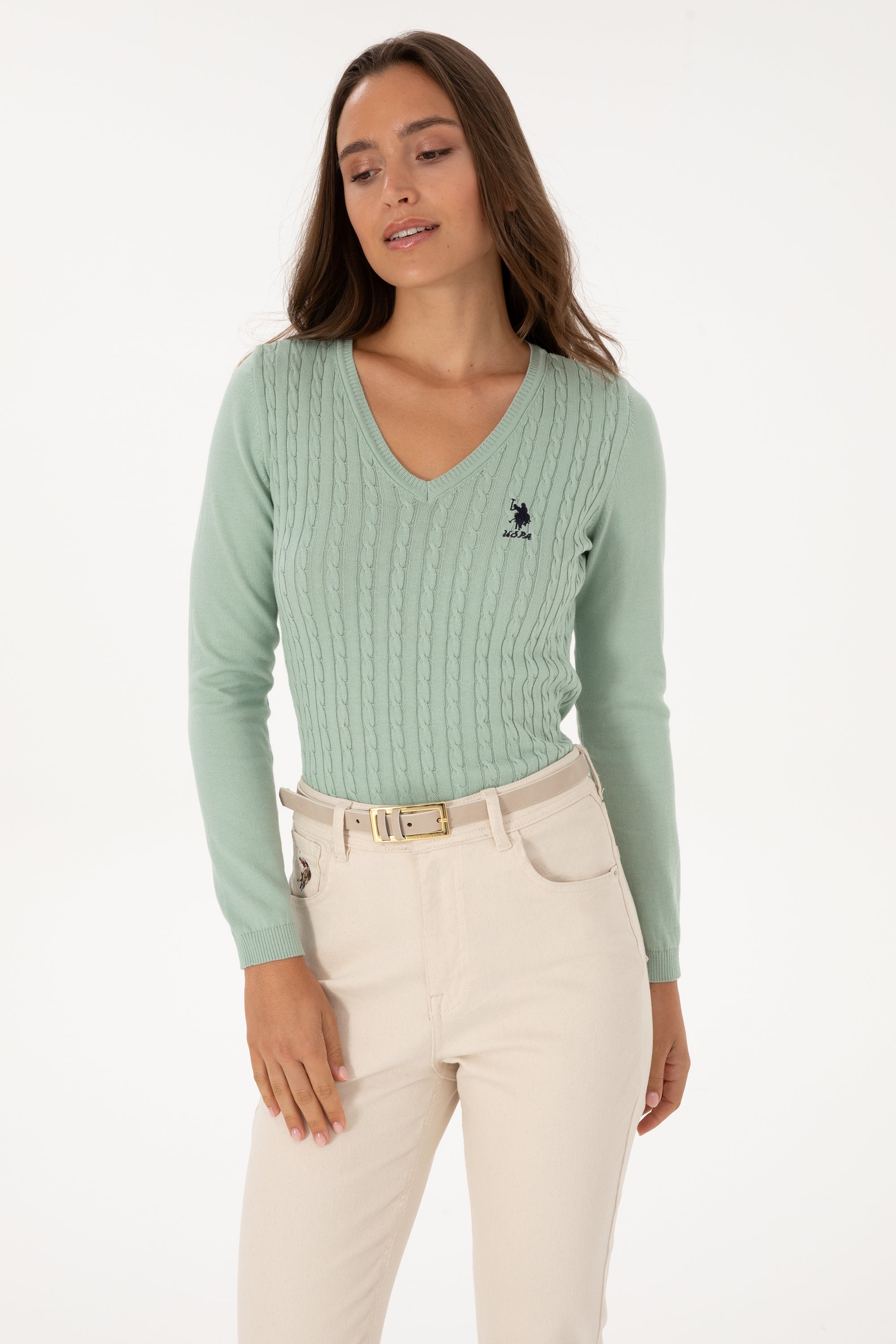 Pulover Dama Pe Verde Cu Guler In V Si Textura Cable