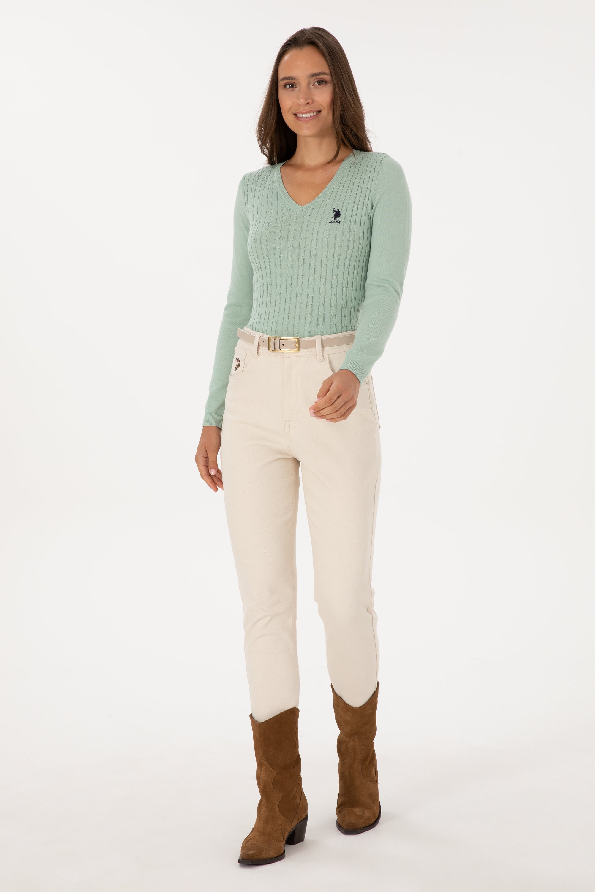 Pulover Dama Pe Verde Cu Guler In V Si Textura Cable