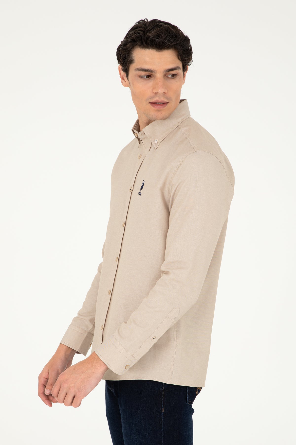 Camasa Barbat Bej-Nisip Cu Logo Brodat