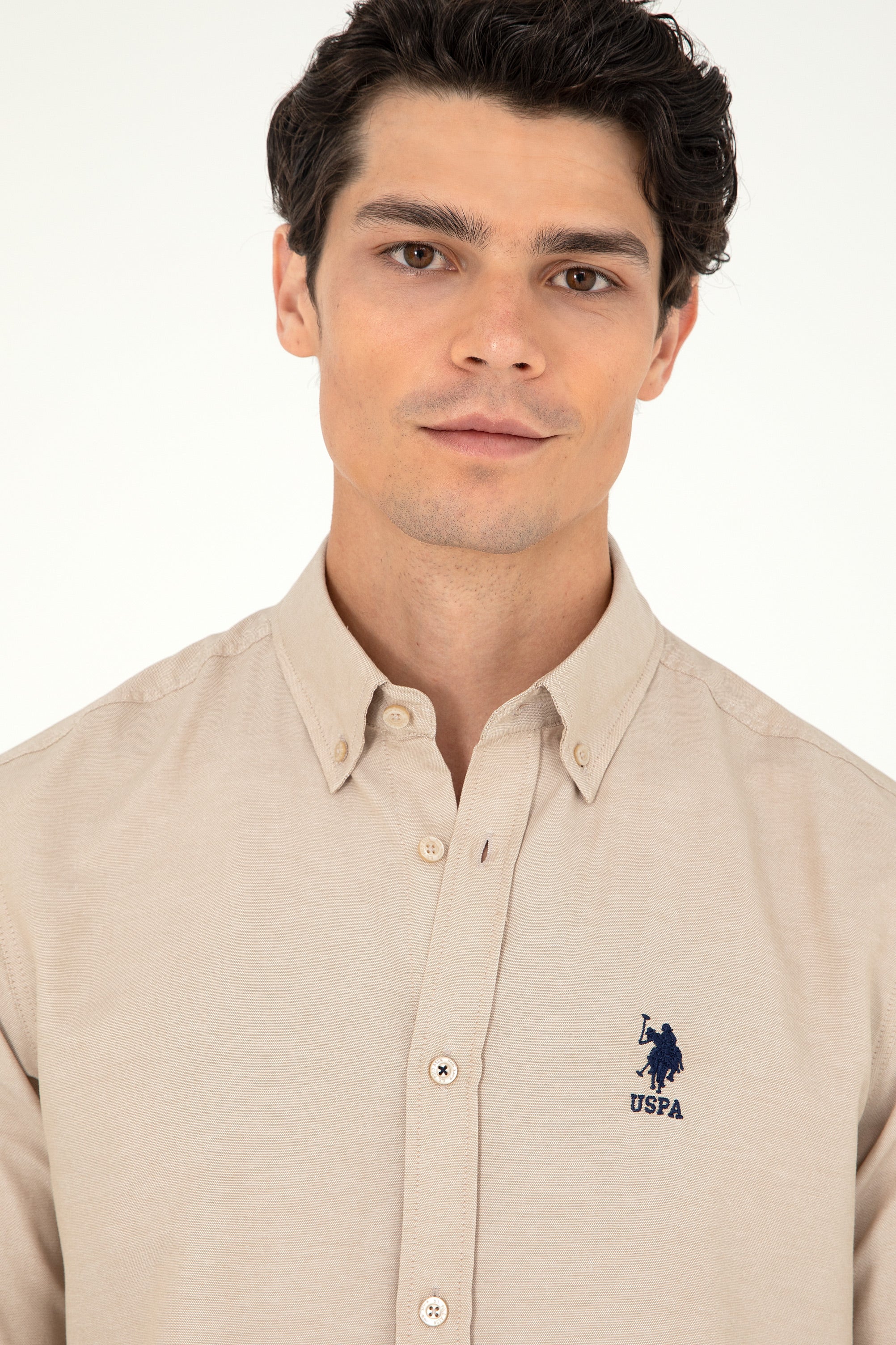 Camasa Barbat Bej-Nisip Cu Logo Brodat