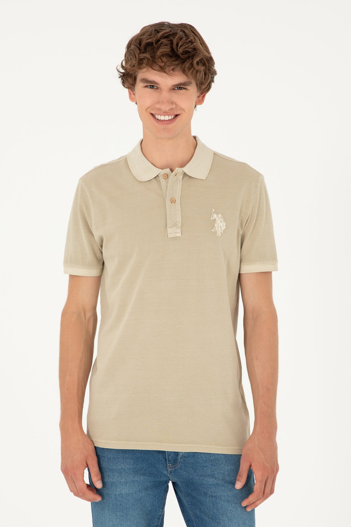 Tricou Polo Bărbați Pe Bej Cu Logo Brodat