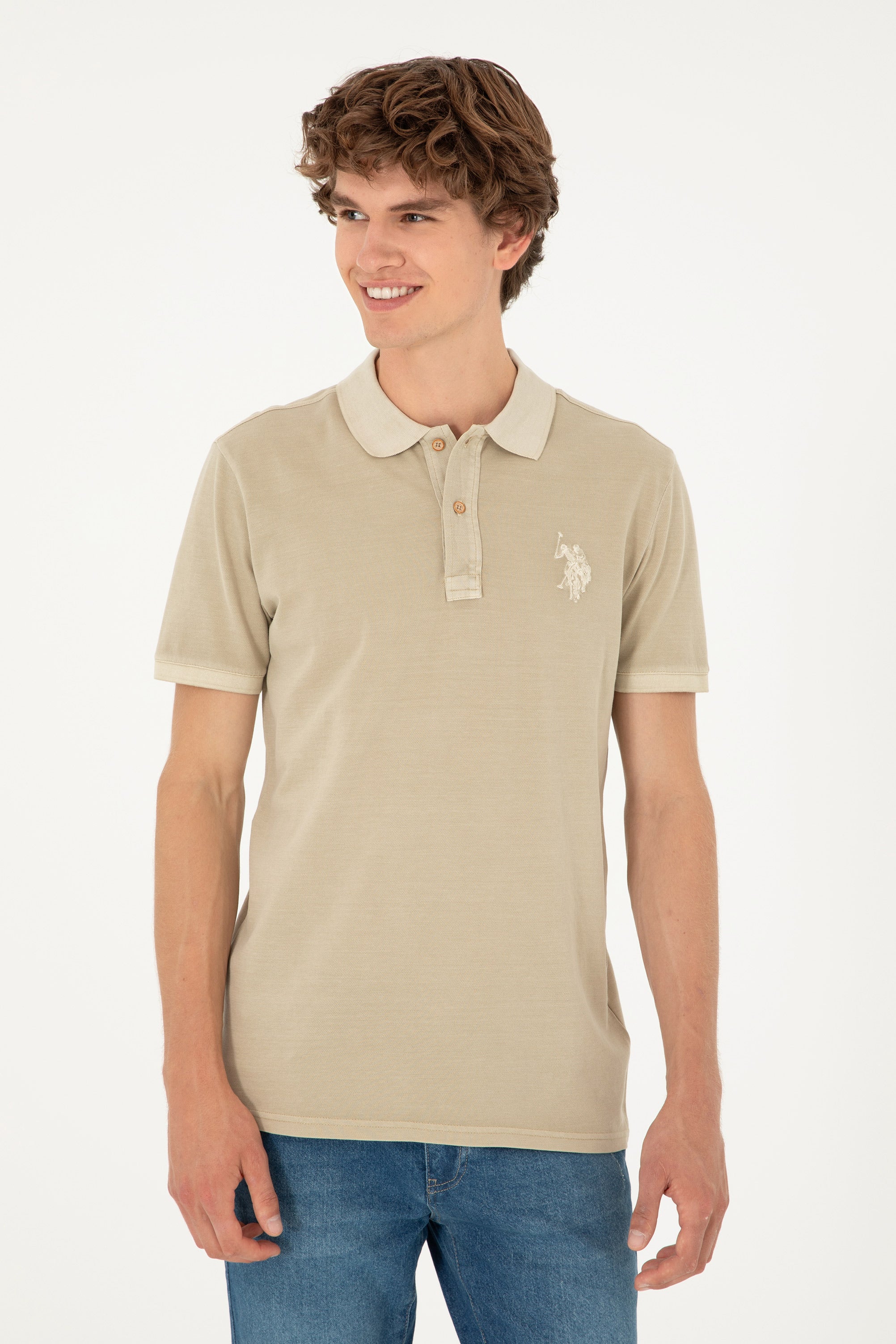 Tricou Polo Bărbați Pe Bej Cu Logo Brodat