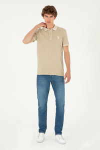 Tricou Polo Bărbați Pe Bej Cu Logo Brodat