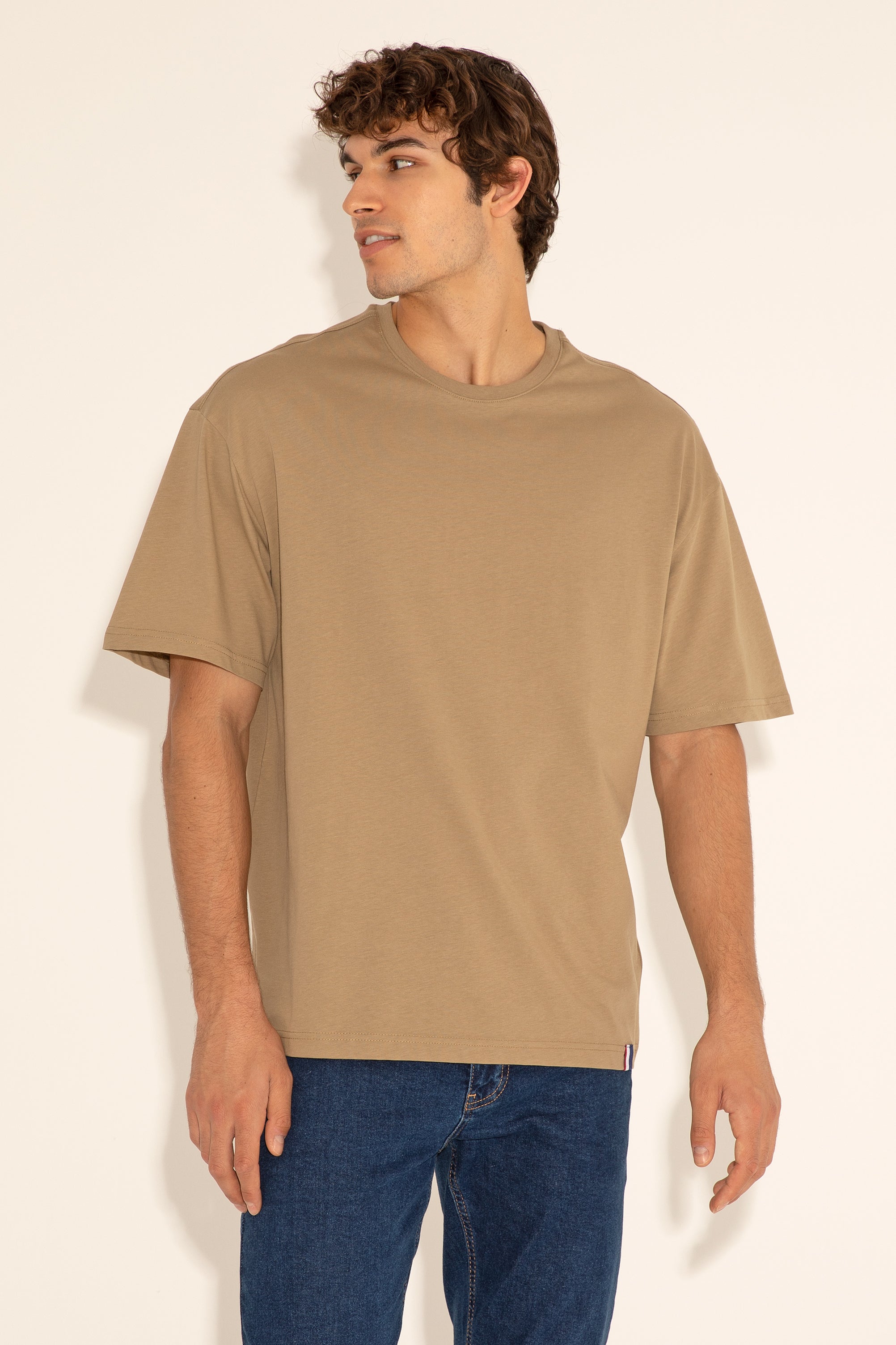 Tricou Bărbați Pe Kaki Cu Guler Rotund Oversize