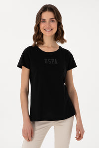 Tricou Dama Negru Cu Guler Rotund  Si Print Pe Piept