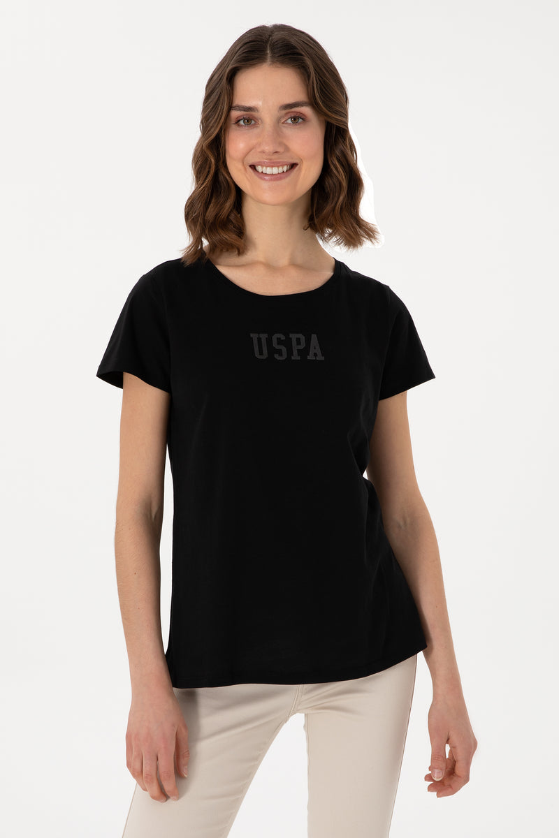 Tricou Dama Negru Cu Guler Rotund  Si Print Pe Piept