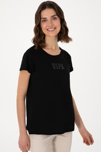 Tricou Dama Negru Cu Guler Rotund  Si Print Pe Piept