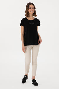 Tricou Dama Negru Cu Guler Rotund  Si Print Pe Piept