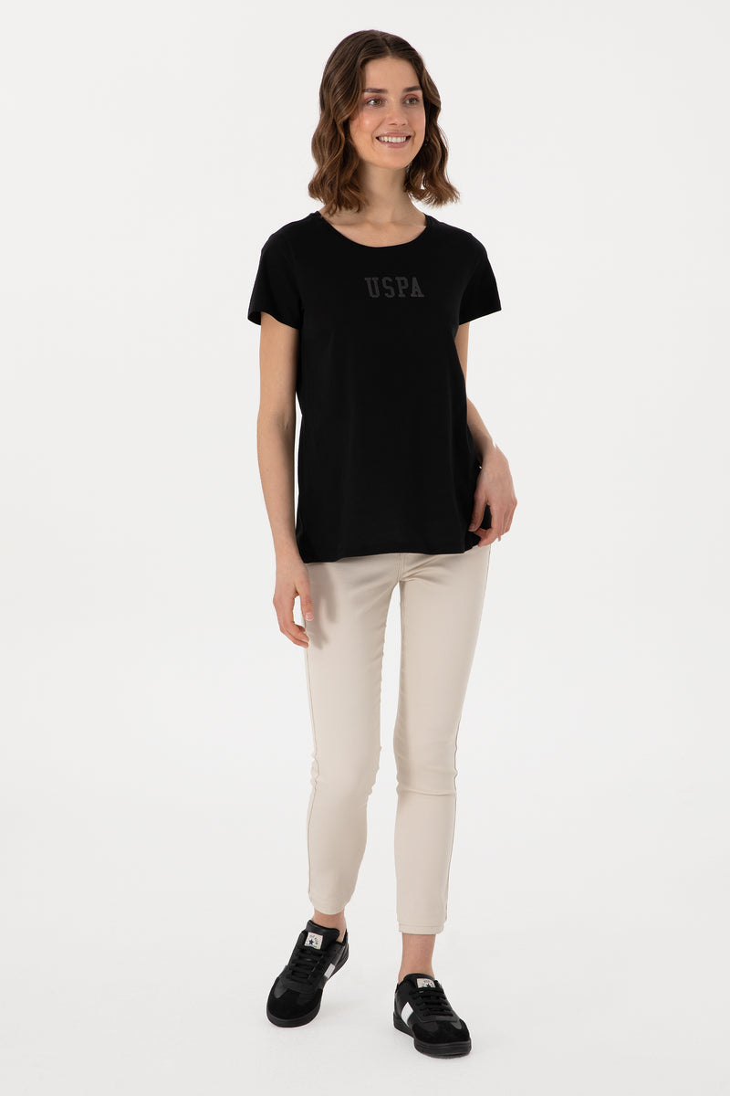 Tricou Dama Negru Cu Guler Rotund  Si Print Pe Piept