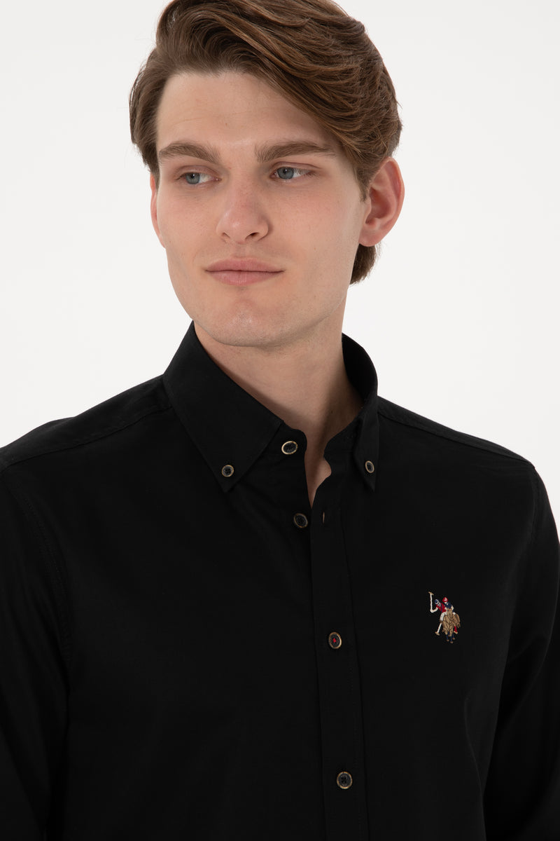Camasa Barbat Pe Negru Textura De Vara Si Logo Brodat