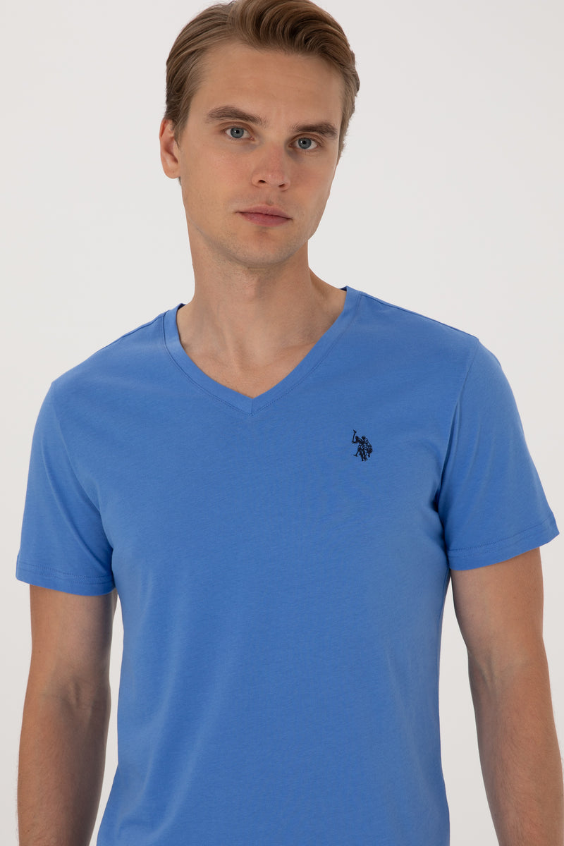 Tricou Barbat Albastru cu Guler In V