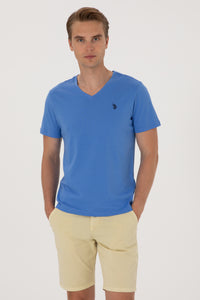 Tricou Barbat Albastru cu Guler In V