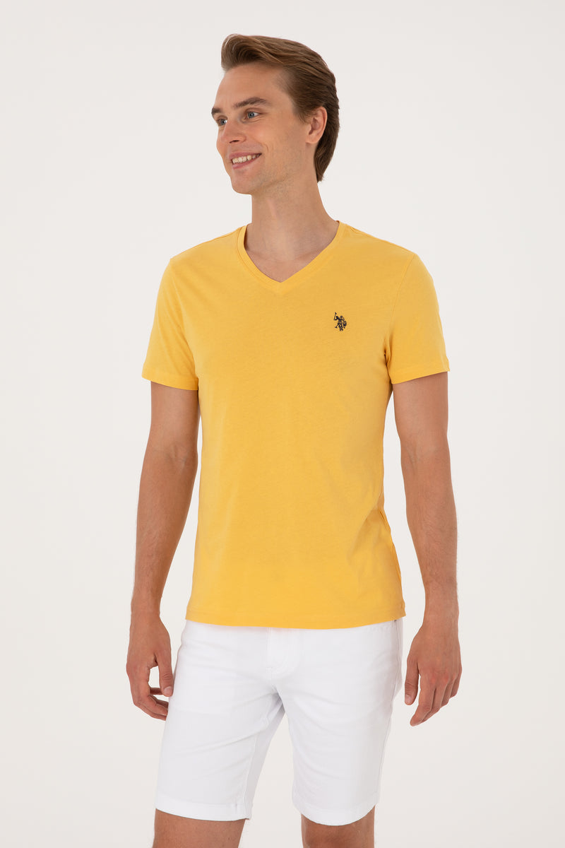 Tricou Barbat Galben cu Guler In V