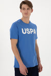 Tricou Barbat Albastru Cu Guler Rotund Si Print USPA Pe Piept