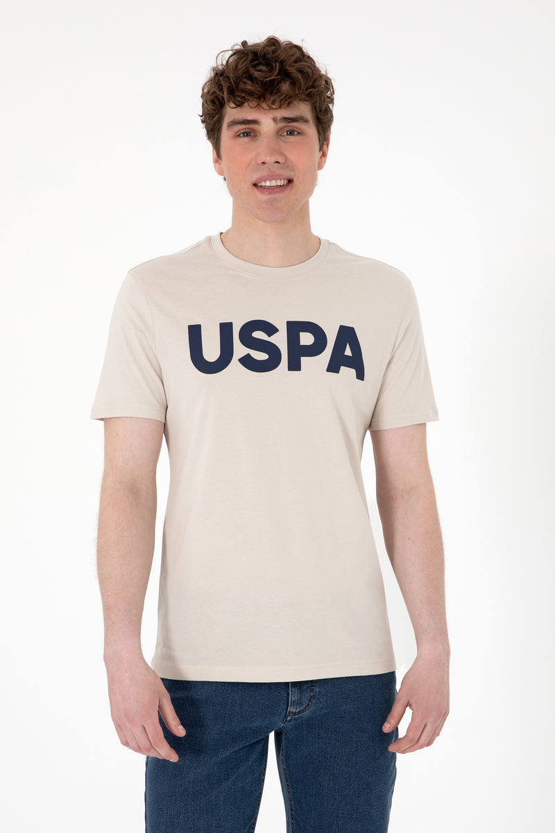 Tricou Barbat Bej Cu Guler Rotund Si Print USPA Pe Piept