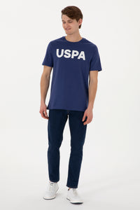 Tricou Barbat Indigo Cu Guler Rotund Si Print USPA Pe Piept