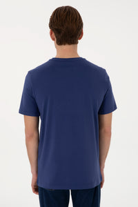 Tricou Barbat Indigo Cu Guler Rotund Si Print USPA Pe Piept