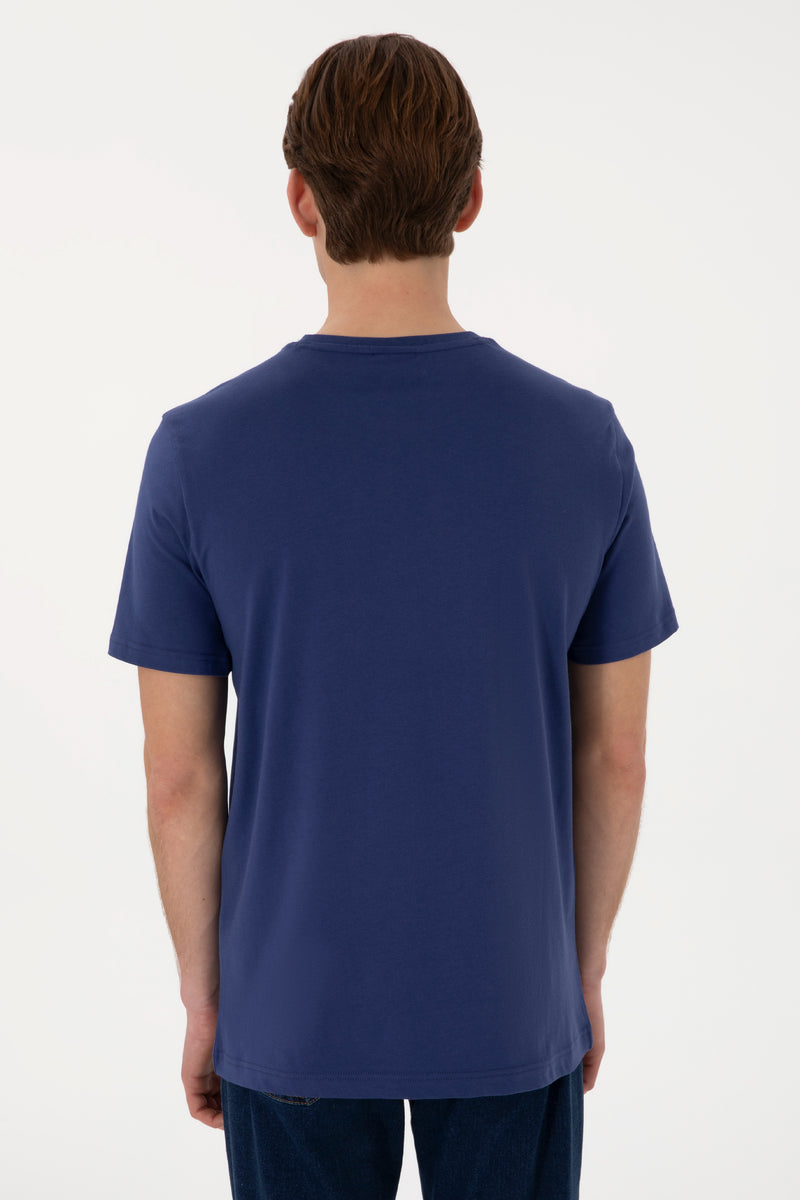 Tricou Barbat Indigo Cu Guler Rotund Si Print USPA Pe Piept