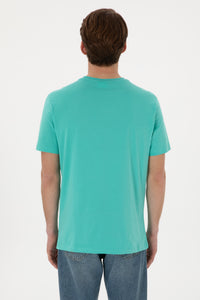 Tricou Barbat Turcoaz Cu Guler Rotund Si Print USPA Pe Piept