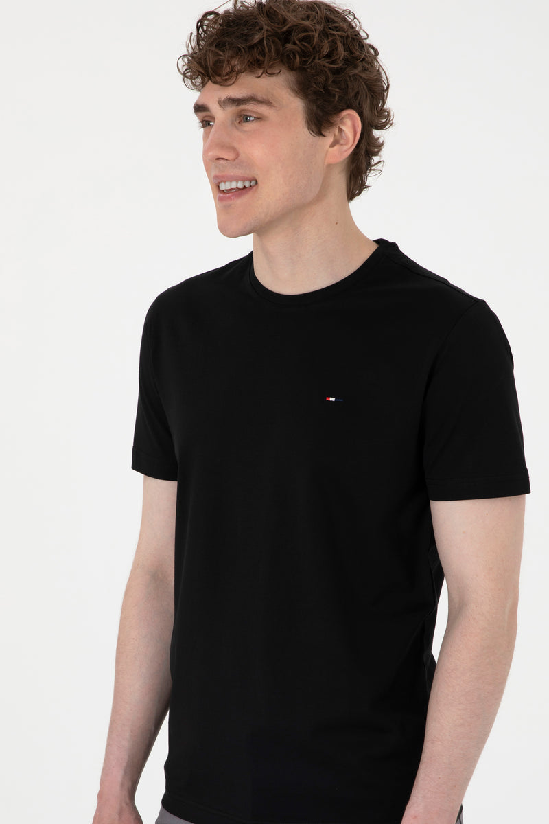 Tricou Barbat Negru cu Guler Rotund