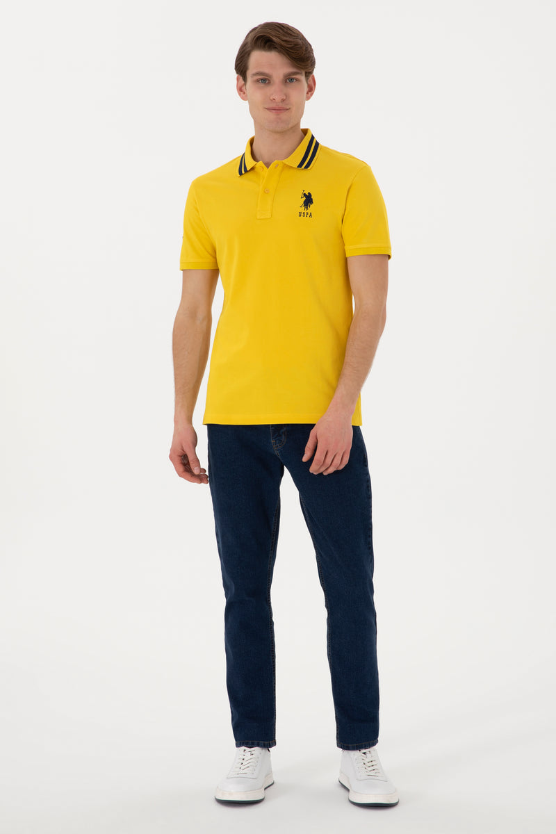 Tricou Polo Barbat Galben Cu Numar Pe Umar Si Dungi Pe Guler