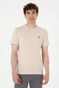 Tricou Barbat Bej Cu Guler Rotund Si Logo Brodat